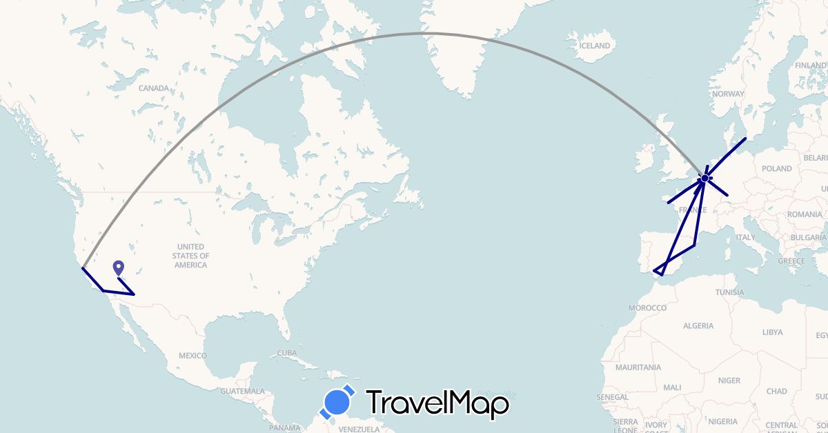 TravelMap itinerary: driving, plane in Belgium, Germany, Denmark, Spain, France, Netherlands, United States (Europe, North America)